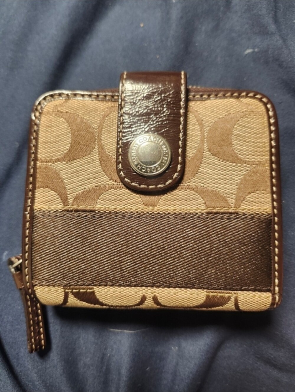 Coach Brown Signature Canvas Zip Card Holder with Snap Tab